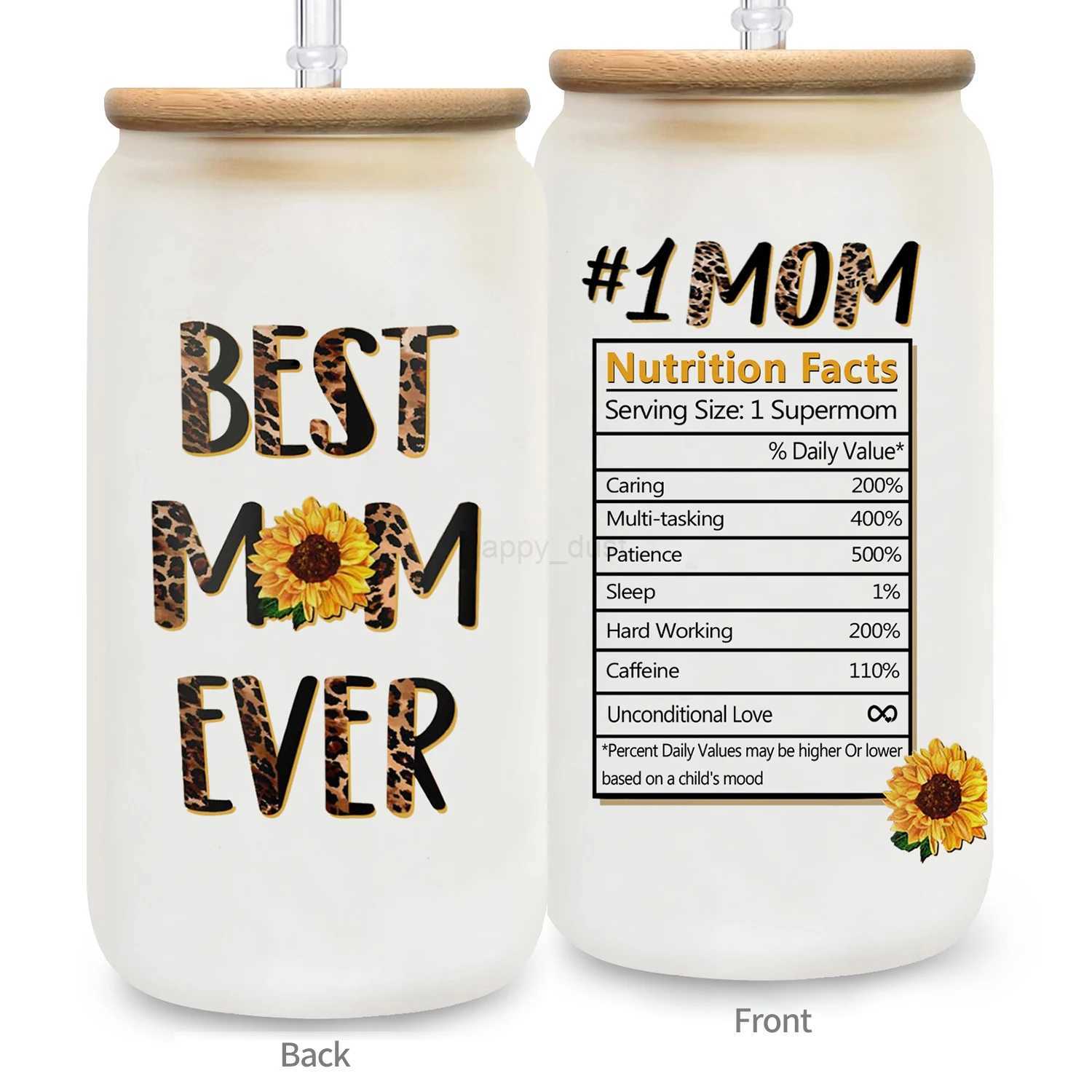 Best Mom Ever Glass Cups 16oz Glass Coffee Cups With Bamboo Lids And Straw Mother Water CupsSummer Winter Drinkware.CL240715