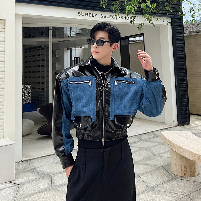 NOYMEI Denim Patchwork Silhouette Mens Short Jacket Contrast Color Fashionable Korean Style Autumn Male Coat WA2807 240712