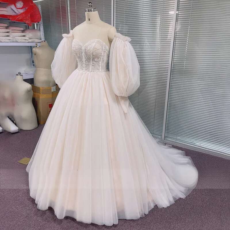 New Ball Gowns Detachable Puff Sleeves Glitter Wedding Dress Appliques Off Shoulder Tulle Boho Bridal Gown
