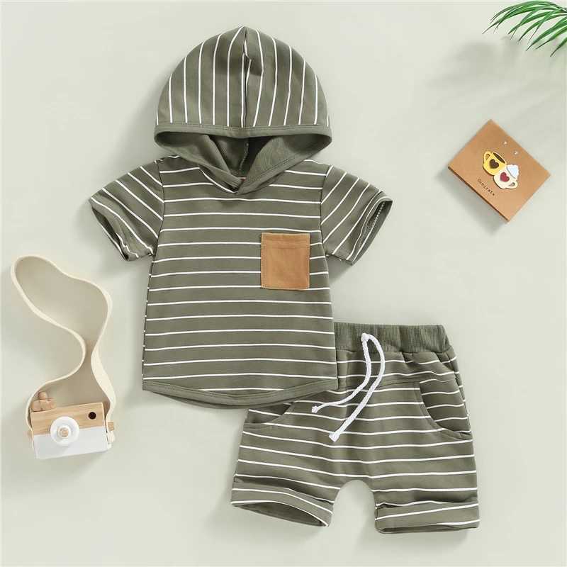 Clothing Sets Toddler Clothing Baby Boys Summer Outfits Stripes Short Sleeve Hooded Sweatshirt and Casual Elastic Drstring Shorts Set PC7U