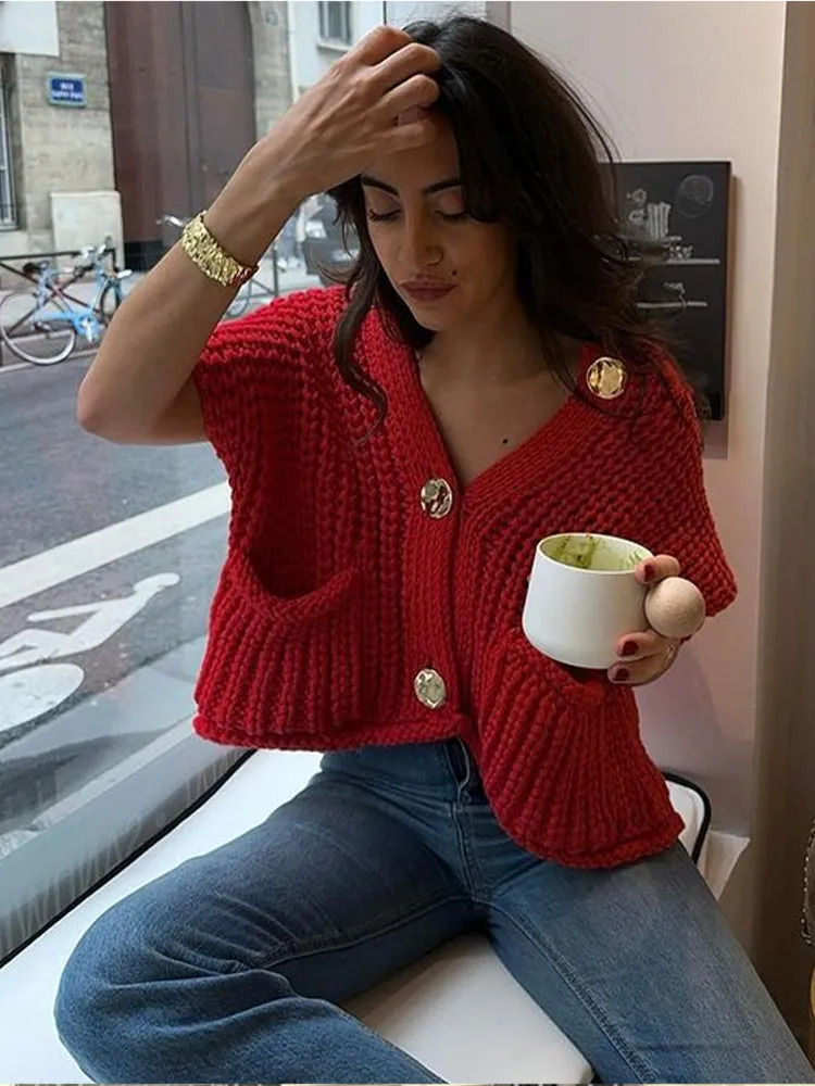 Red Knit Cardigan For Women Spring Sleeveless Oneck Casual Female Sweater Fashion Loose Pocket Single Breasted Lady Top 240712
