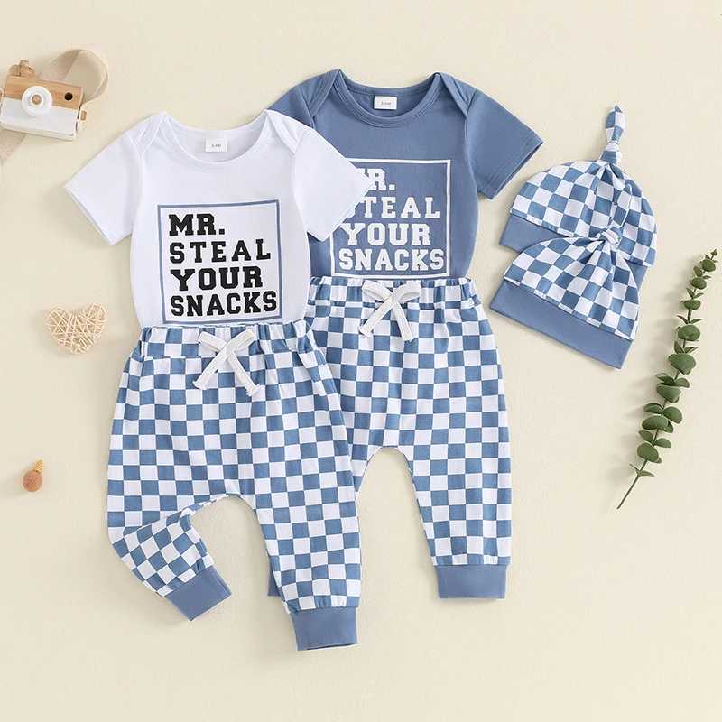 Clothing Sets 2024-04-25 Lioraitiin Baby Boys 3PCS Outfit Sets Short Sleeve Letter Print Romper Checkerboard Print Pants Hat Sets
