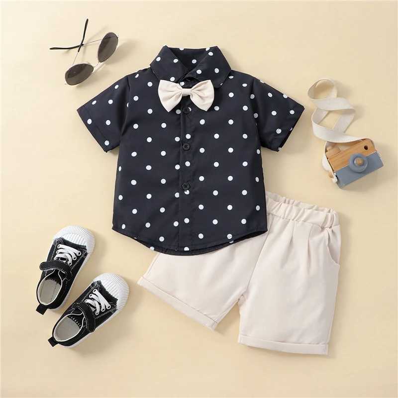 Clothing Sets Kids Boys Gentleman Outfits Summer Dot Print Short Sleeve Button Up Shirt with Bow Tie and Casual Shorts Children Clothing Set 4POF