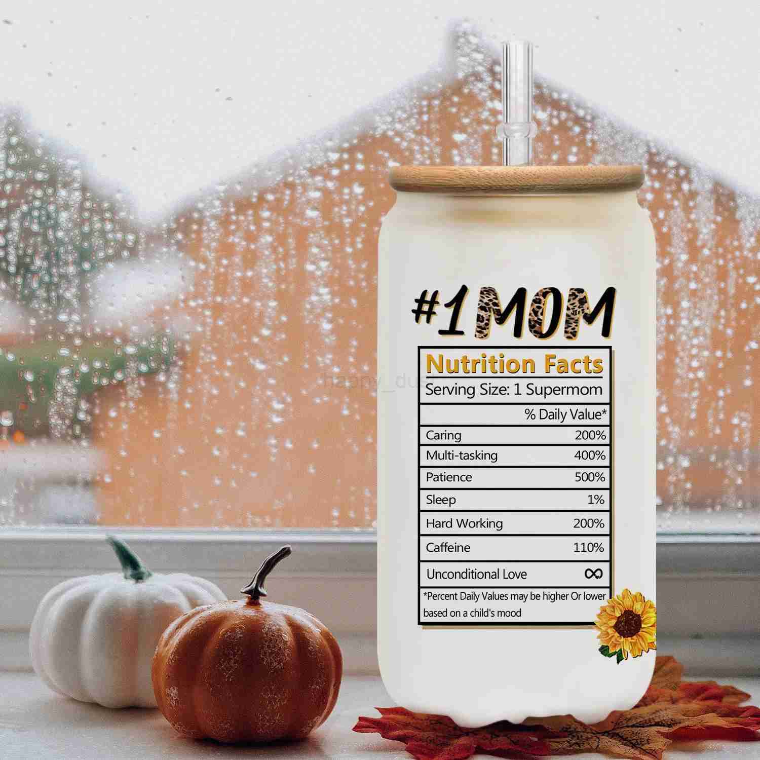 Best Mom Ever Glass Cups 16oz Glass Coffee Cups With Bamboo Lids And Straw Mother Water CupsSummer Winter Drinkware.CL240715