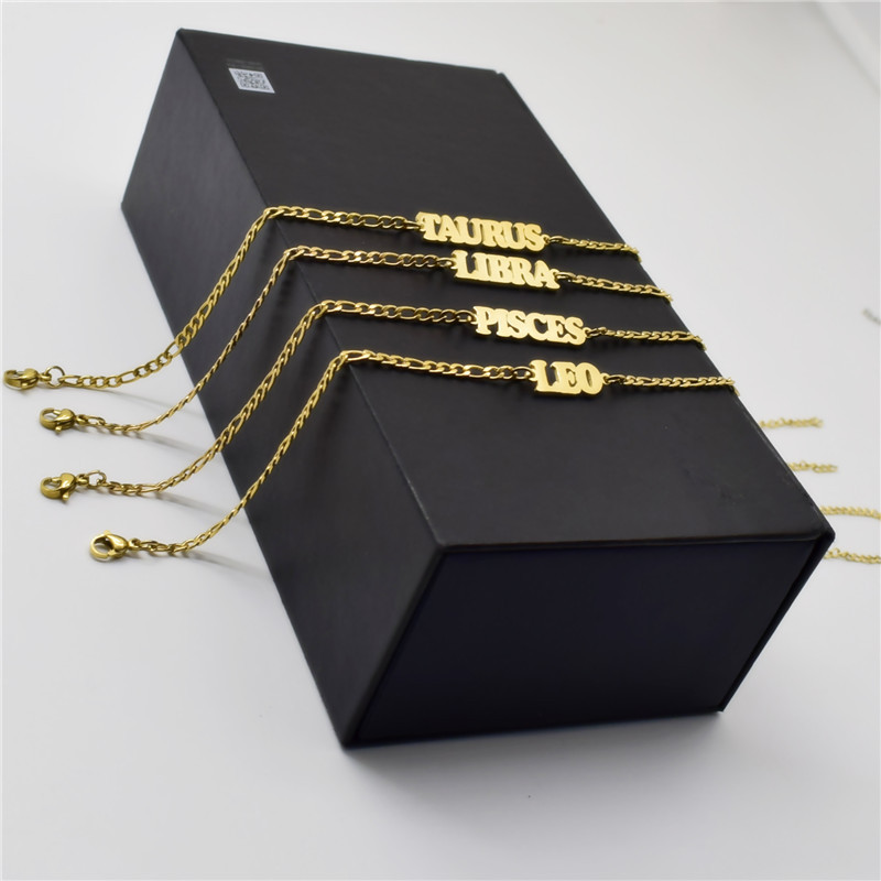 12 Zodiac Sign Anklet Chain Bracelet Gold Chain Stainless Steel English Initial Charm Foot Chain Cuff Women Girl Summer Fashion Jewelry