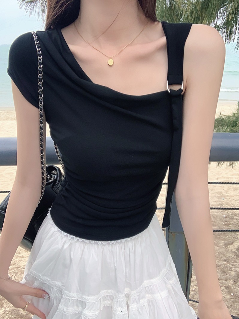 Summer Korean version spicy girl with slanted collar, off shoulder, collarbone exposed, solid color slim fit short sleeved T-shirt top for women