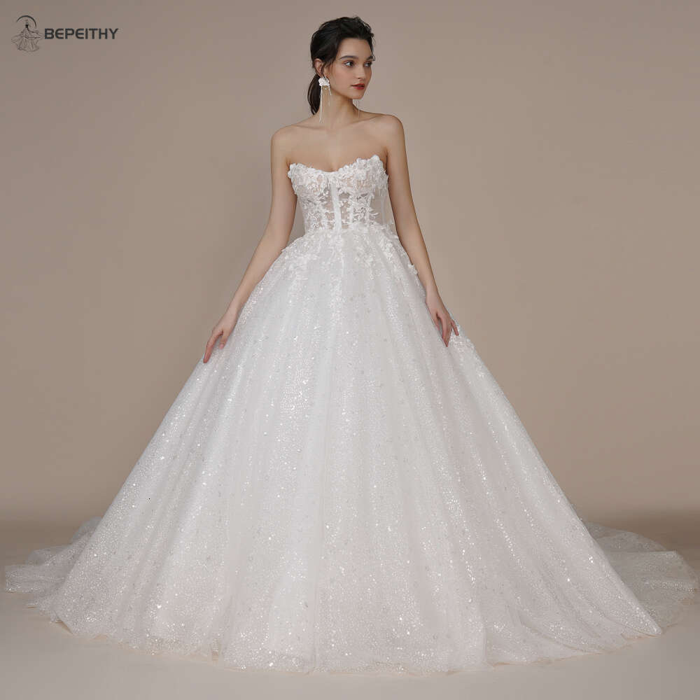 BEPEITHY Princess Strapless Ivory Glitter Wedding Dresses For Women Court Train Bride 3D wer Romantic Shinny Bridal Gown
