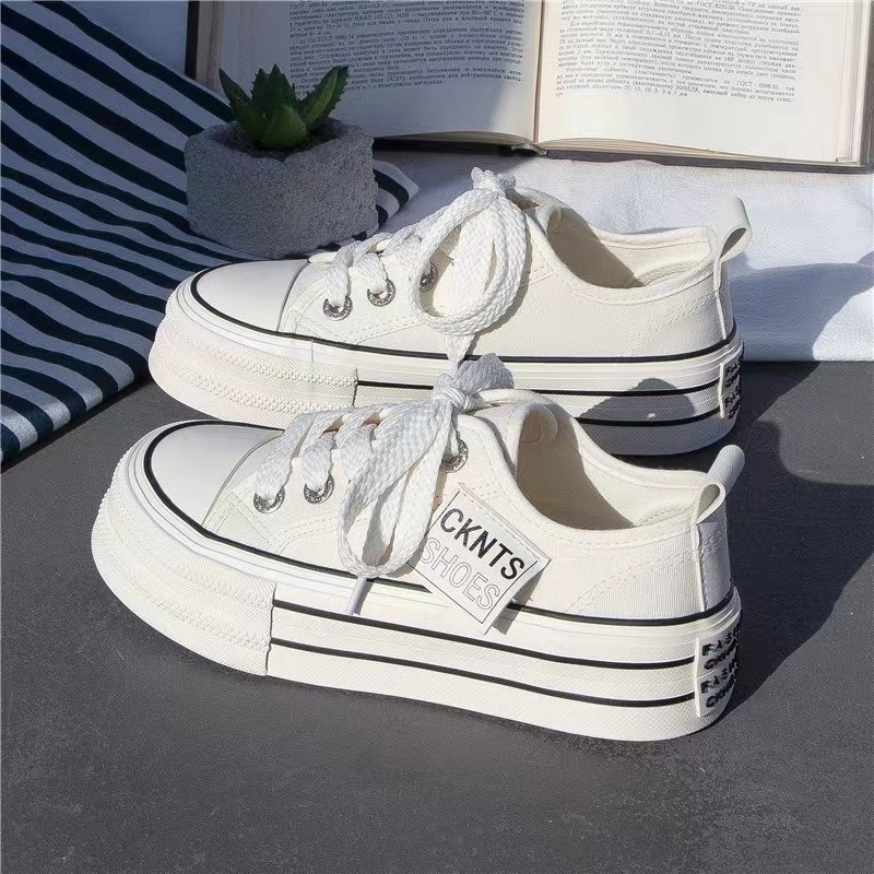 Thick soled ultra soft for women 2024 new Korean version sports and leisure height increasing round toe lace up low top board shoes, white shoes