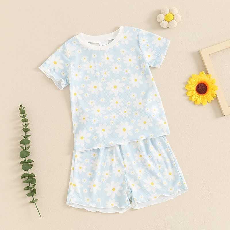 Clothing Sets 2024-04-06 Lioraitiin 6M-4Y Baby Girls Summer Shorts Sets Short Sleeve Crewneck Daisy Print Tops Shorts Sets 2PCS