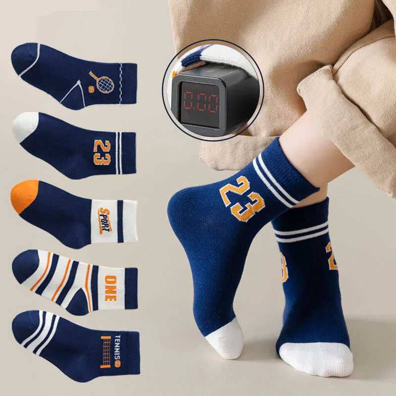 5 pairs of childrens boys tennis series childrens sports school student sports socks spring autumn soft cotton childrens middle tube socksW240715
