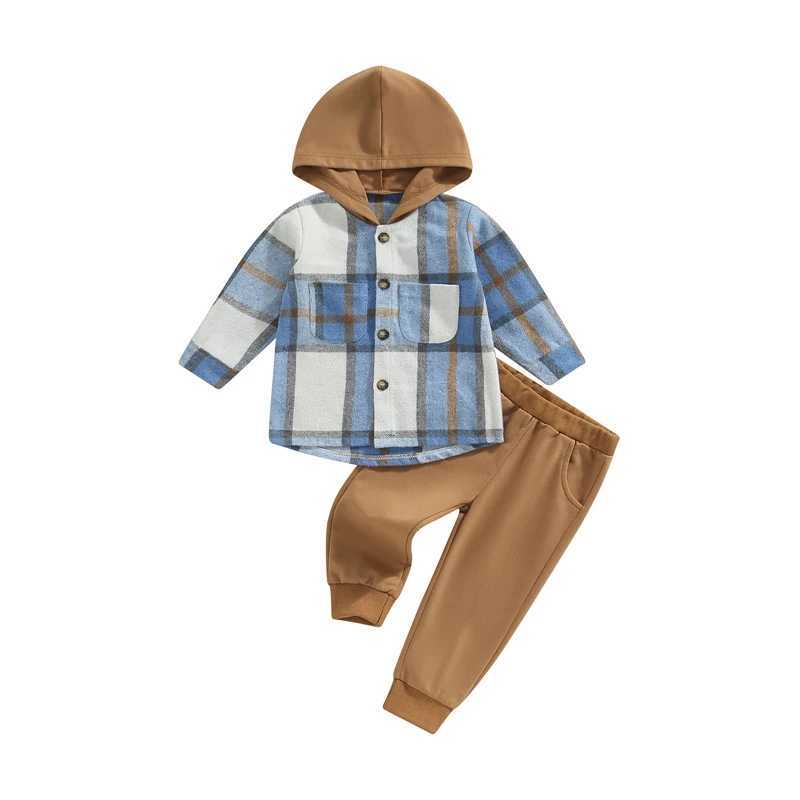 Clothing Sets Boys Autumn Clothes Set Plaid Print Long Sleeve Button Hood Shirt Jacktes + Solid Color Casual Trousers Kid Clothing Fall Outfit