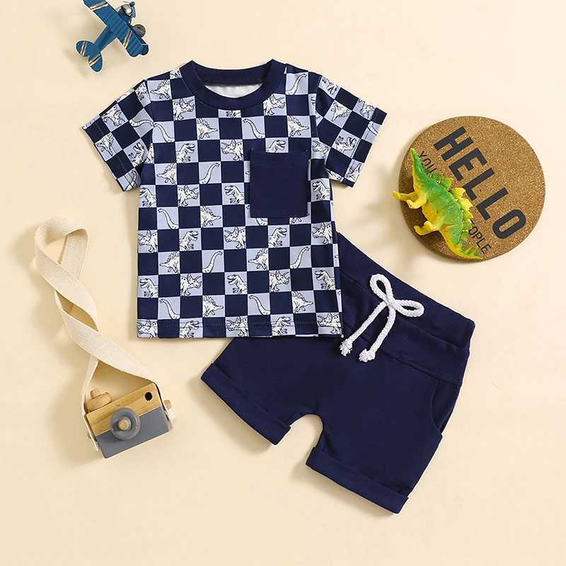Clothing Sets 2024-02-04 Lioraitiin Toddler Boys Summer Outfits Checkerboard Print Short Sleeve T-Shirts Tops Elastic Waist Shorts Clothes Set