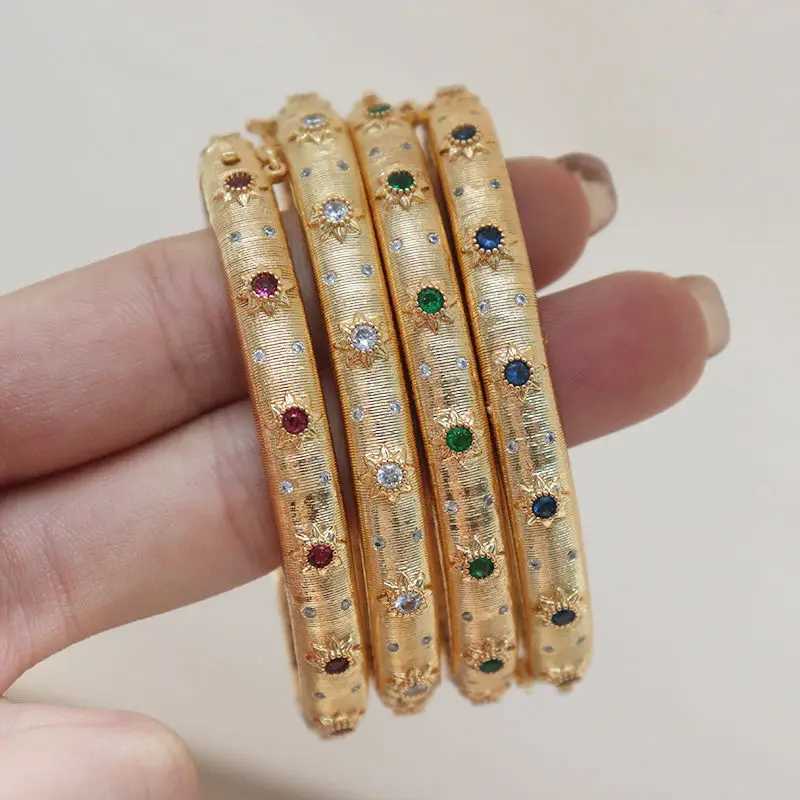 14 18k Real Gold Plated Metal Emerald Ruby Sapphire Cz Zircon Cuff Bangle Women Gift Luxury Designer Italy Egypt Vintage Jewelry
