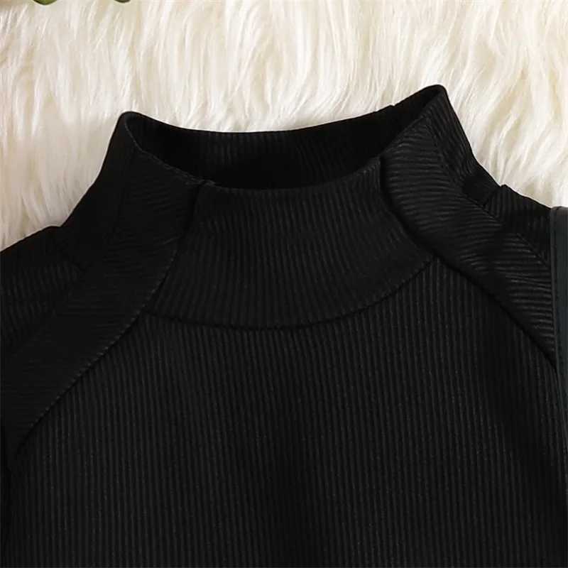 Clothing Sets 2022-08-15 Lioraitiin 0-6Years Toddler Girl Autumn Clothes Ruffled Long Sleeve High Neck Ribbed Houndstooth Print Shorts Belt