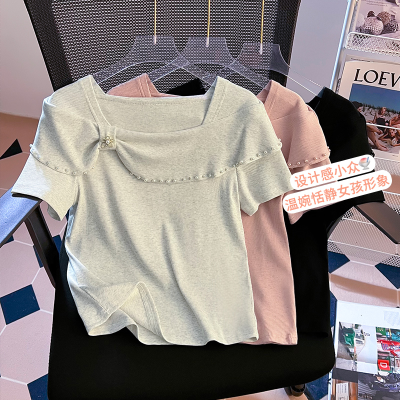 2024 Summer New Chinese Style High end Fashion Customized Bead One neck Small Fresh Simple Versatile Short sleeved T-shirt for Women