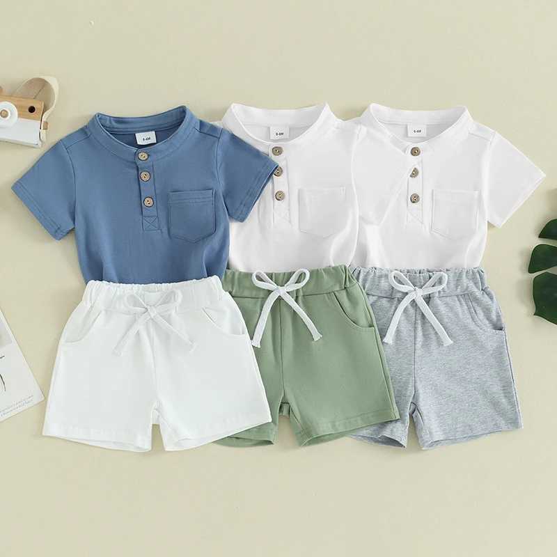 Clothing Sets Toddler Infant Baby Boy Summer Clothes Solid Color Short Sleeve Button T-Shirt with Elastic Waist Shorts 2Pcs Outfit