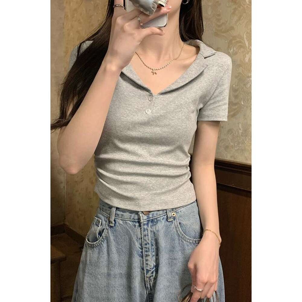 Unique Polo collar slim fit pure cotton sleeved T-shirt for women with waist cinching and drawstring, niche short top