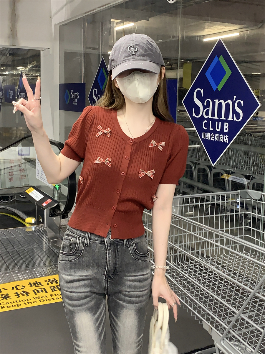 Sweet three-dimensional butterfly bow in summer, slim fit and slimming short sleeved knitted cardigan for women