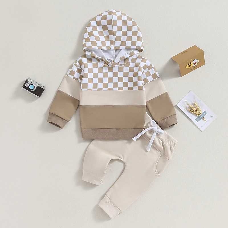 Clothing Sets 2023-07-14 Lioraitiin 0-3Y Autumn Baby Boys Clothes Sets Long Sleeve Plaid Patchwork Hoodie Tops with Elastic Waist Pants