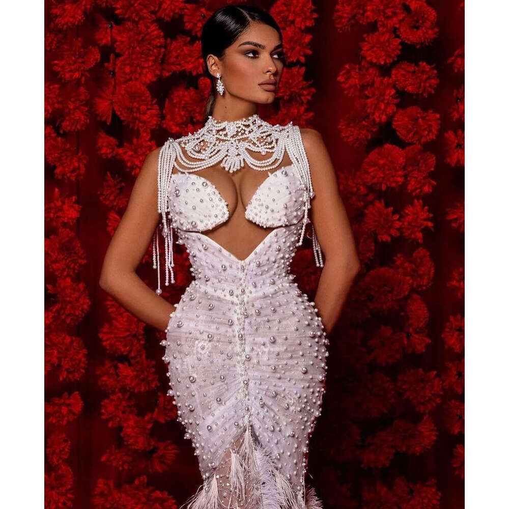 Mermaid special Dresses Beads Feathers Appliques Lace Bridal Gowns Custom Made Lace-Up Back Sweep Train Vestidos De Novia