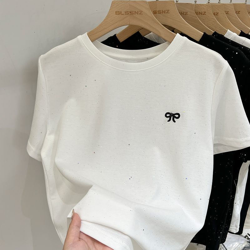 Designer's fashionable white rhinestone bow women's T-shirt pure cotton shoulder short sleeved women's summer loose T-shirt, P55
