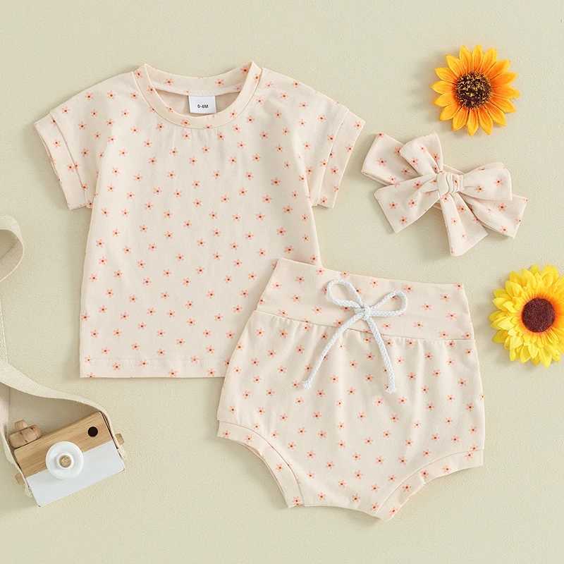 Clothing Sets Lioraitiin Newborn Baby Girl Clothing Sets Kids Cotton Floral Print Short Sleeve Pullover T-shirts+High Waist Shorts+Headwear