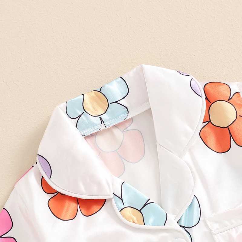 Clothing Sets 2024-04-18 Lioraitiin Little Girls Floral Print Pajama Set Short Sleeve Lapel Neck Single Breasted Tops Elastic Waist Shorts