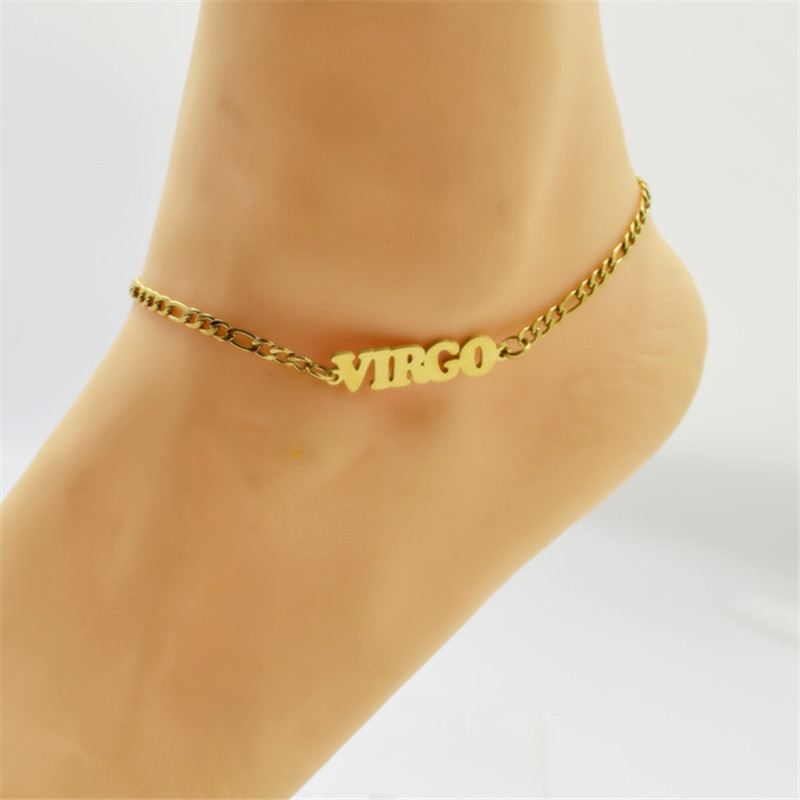 12 Zodiac Sign Anklet Chain Bracelet Gold Chain Stainless Steel English Initial Charm Foot Chain Cuff Women Girl Summer Fashion Jewelry