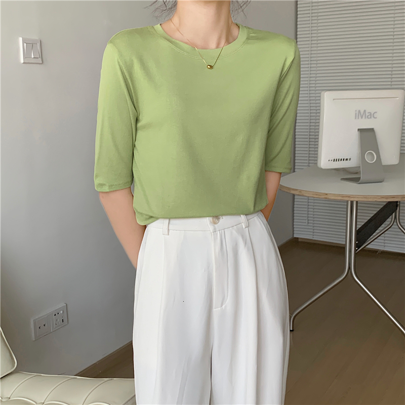 ~2024 Spring T-shirt Women's Round Neck Short 2022 New Thin Modal Medium Sleeve Base Shirt Slim Fit