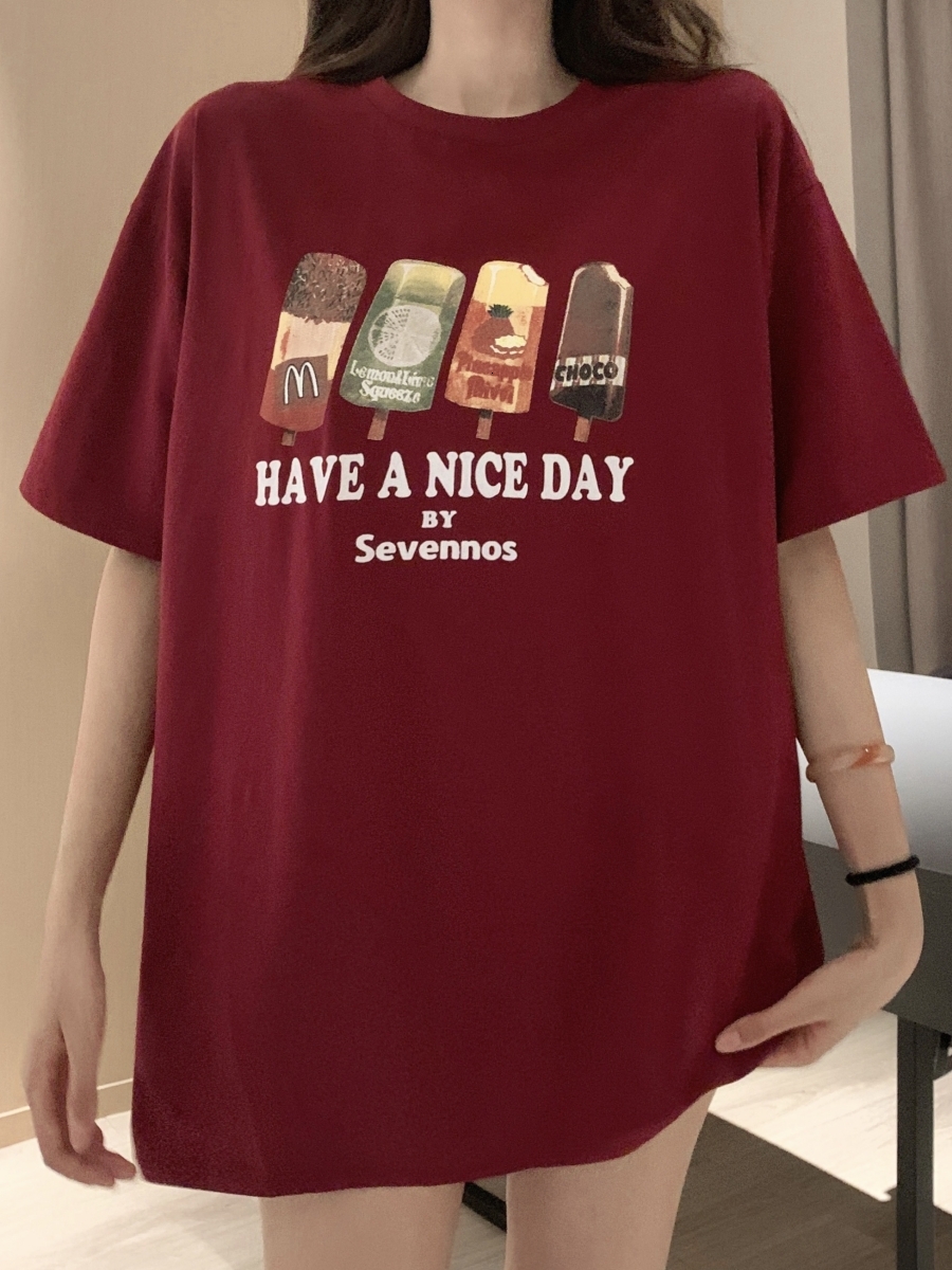 Summer lazy style casual fun printed loose short sleeved red T-shirt for women