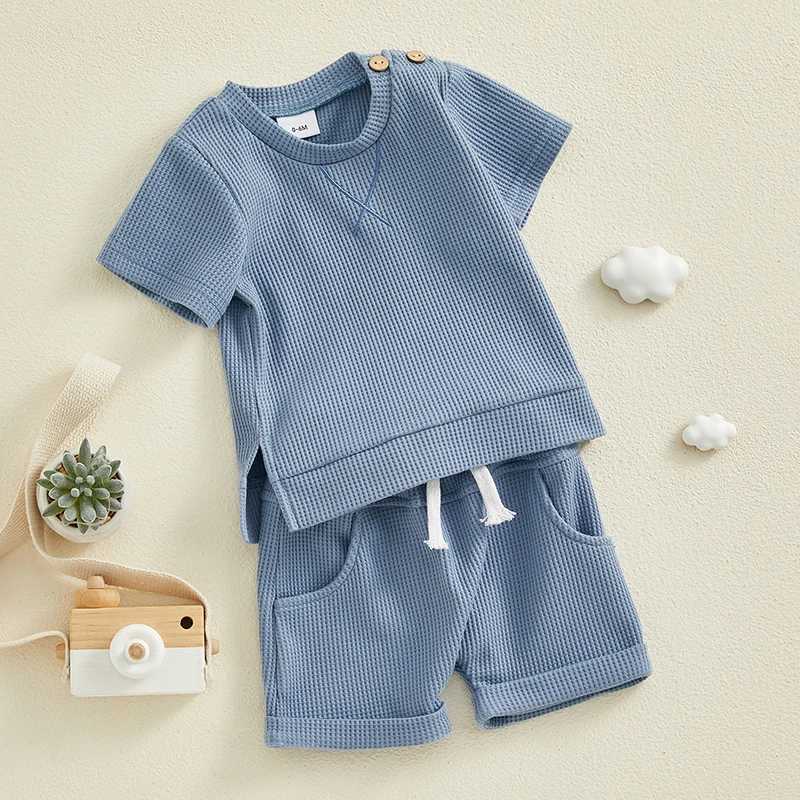 Clothing Sets Toddler Boys Summer Shorts Sets Children Clothing Baby Short Sleeve Crewneck Tops and Solid Color Drstring Shorts Sets 7RI1