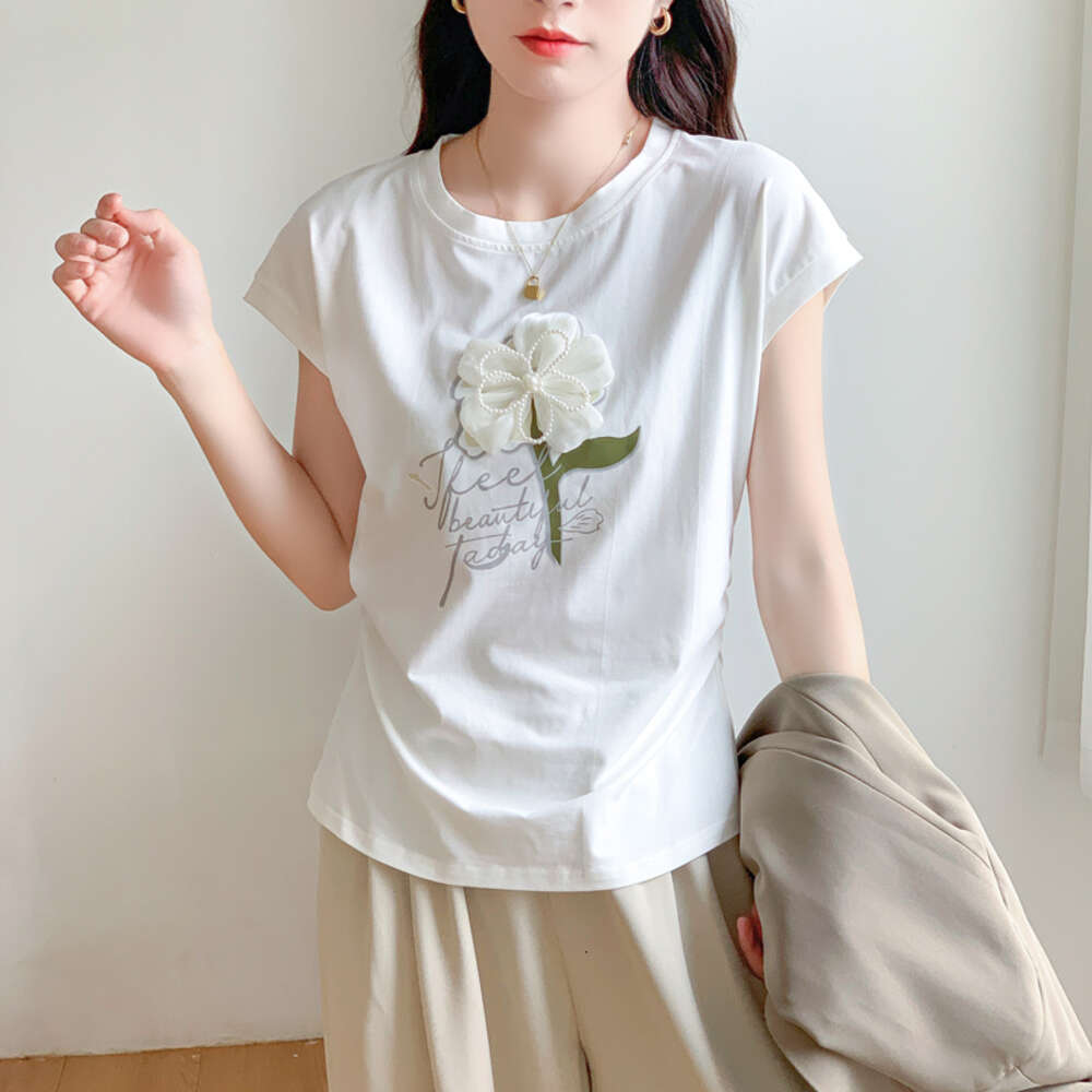 summer new round neck pure cotton pullover T-shirt with loose flowers and short sleeves, stylish anti-aging top for women