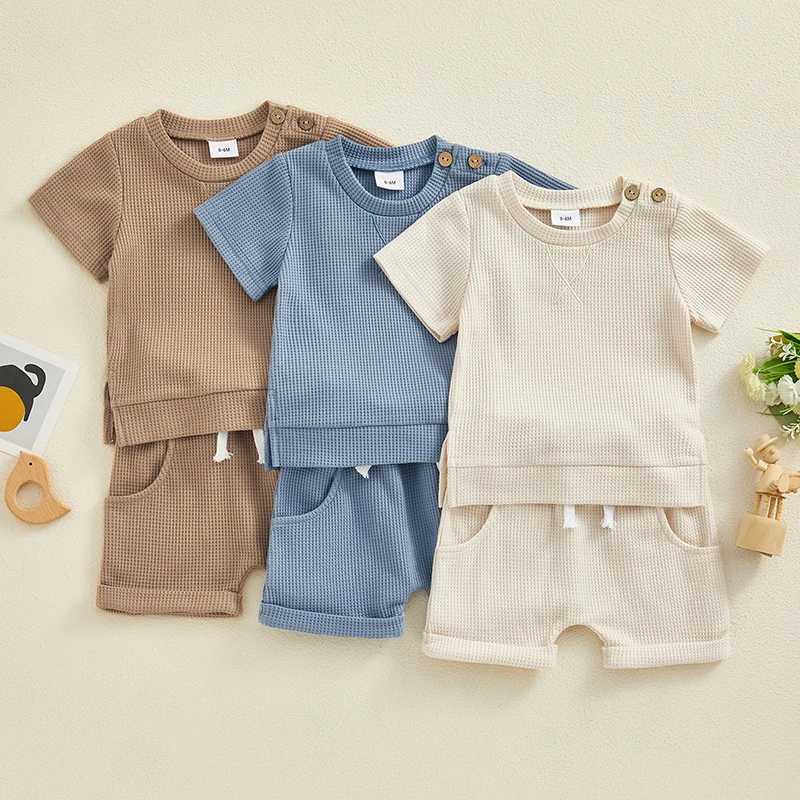 Clothing Sets Toddler Boys Summer Shorts Sets Children Clothing Baby Short Sleeve Crewneck Tops and Solid Color Drstring Shorts Sets 7RI1