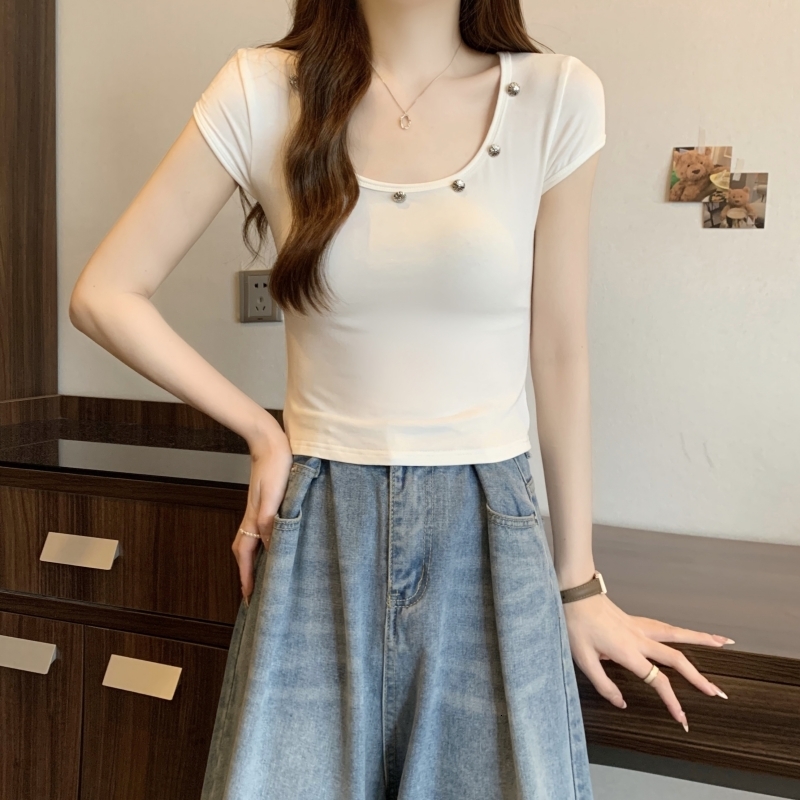 40 count pure cotton 2024 summer clothing button short sleeved T-shirt for women's niche