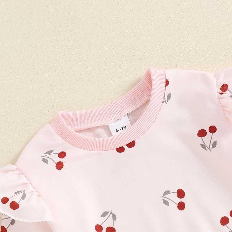 Clothing Sets 2024-05-23 Lioraitiin Baby Girl Fall Outfit Cherry Print Round Neck Long Sleeve Tops Elastic Waist Pants 2 Piece Set