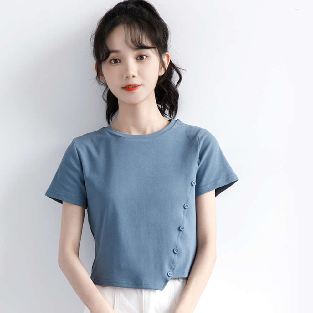 Short irregular short sleeved T-shirt for women's 2024 summer collection, slim fit waist design, niche and stylish top