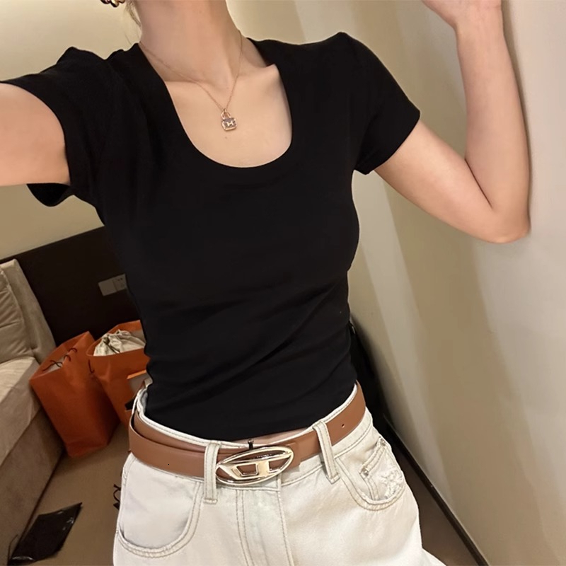 Hot girl U-neck shoulder sleeved for women in summer, desire to slim fit, high waist, slimming and cinching, pure cotton T-shirt short top