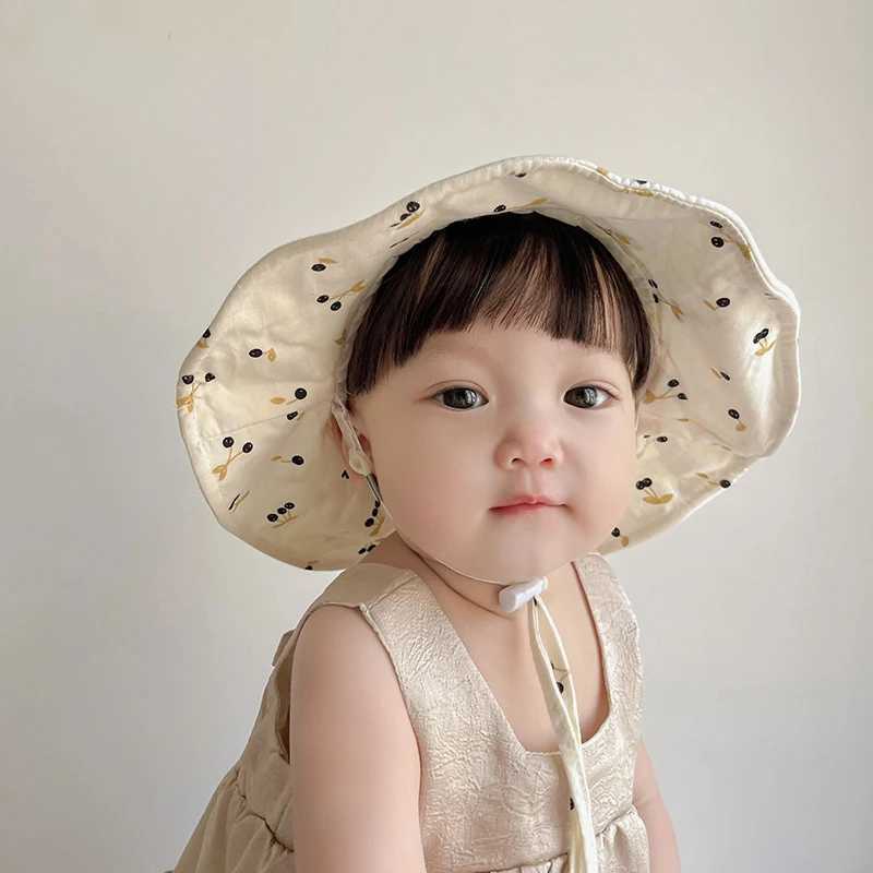 Summer Large Brim Sun Hat Baby Cute Cherry Print Girls Fishermans Hat Solid Color Childrens Sun Hat Outdoor Beach Panama HatW240715