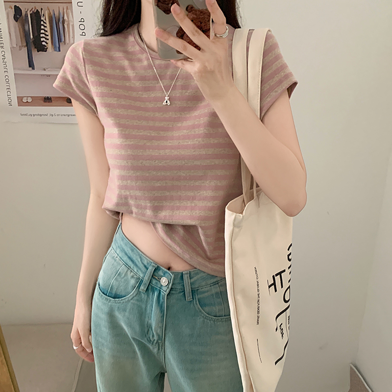 #Pink striped pure cotton shoulder sleeved t-shirt for women's summer small stature T-shirt short top