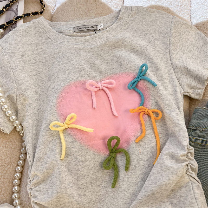 92 cotton/8 spandex 40 count 210g pure cotton color rope bow short sleeved T-shirt for women