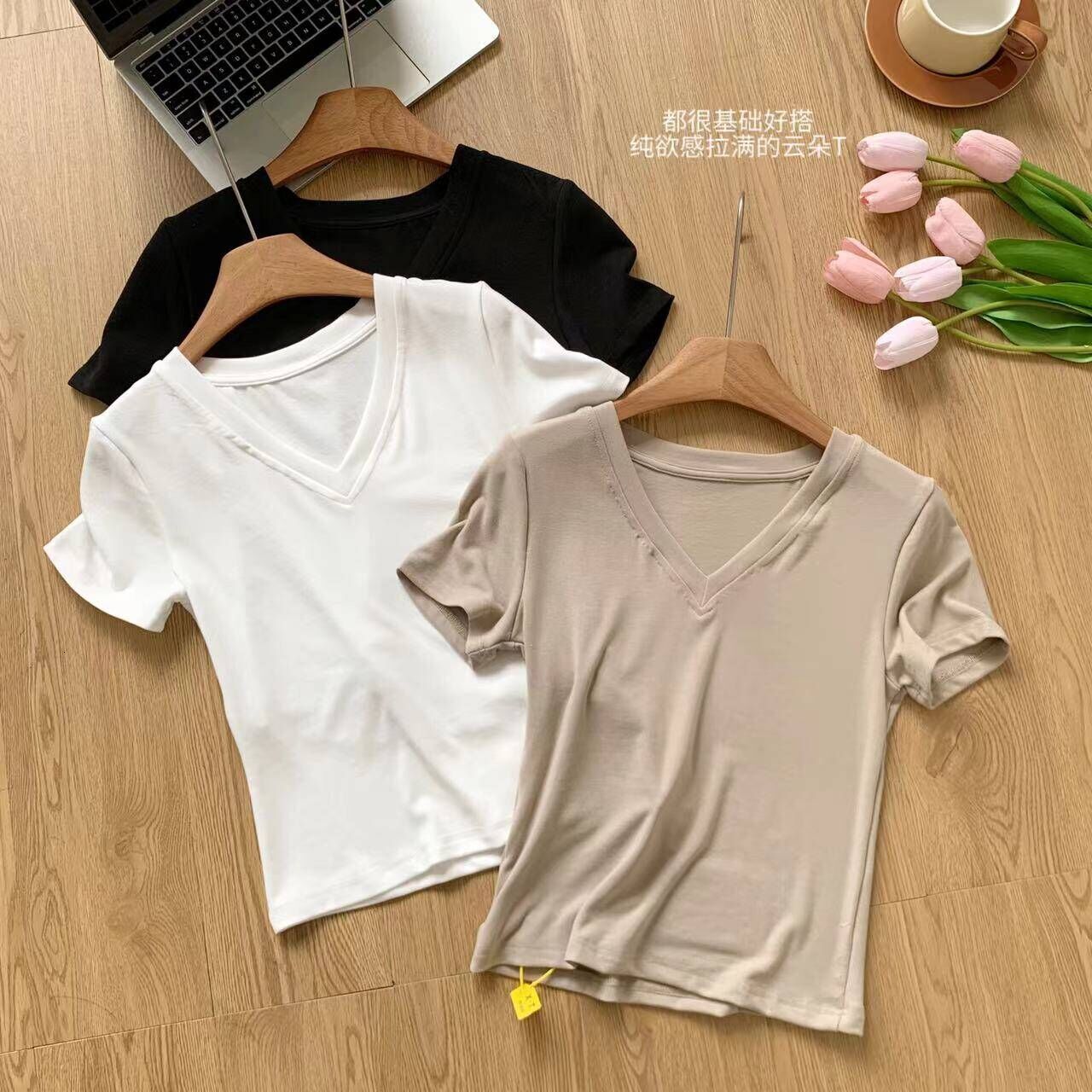 Good morning Fan V-neck soft sticky cashmere like texture slim fit/loose fit T-shirt women, versatile for spring and summer, basic short sleeved