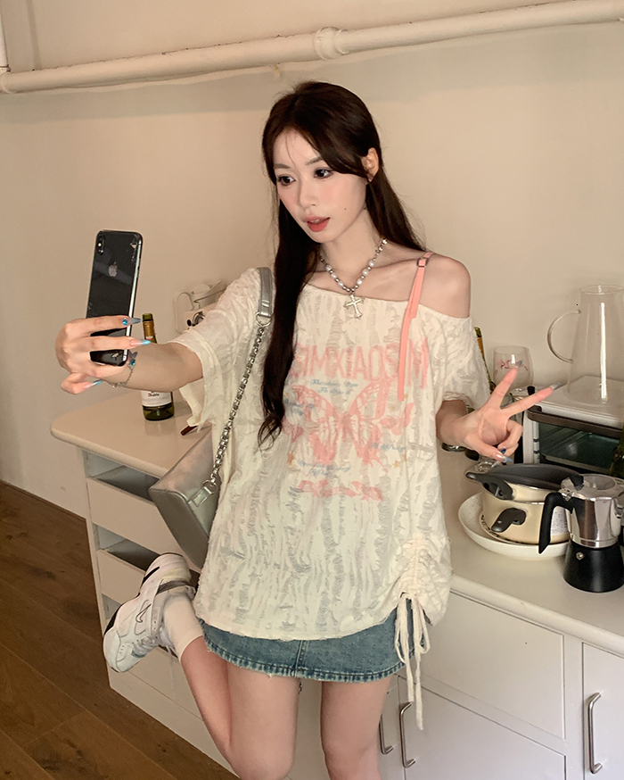 Original fabric design, niche perforated T-shirt, women's irregular off shoulder round neck, sweet and cool top ins