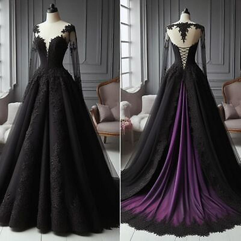 2024 Purple And Black Gothic Wedding Dresses Long Sleeve Pleats Vintage Bridal Gowns Lace Appliques Corset A-Line Women Mariage Events Anniversaries D