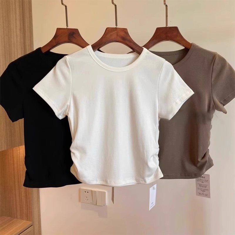 40 count pure cotton solid color round neck sleeved women's T-shirt summer new slim fit pleated waist cinching short shoulder printed top