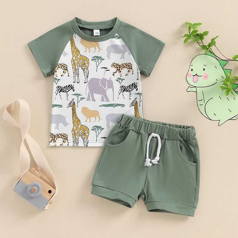 Clothing Sets 2024-04-10 Lioraitiin Baby Boys Summer Outfits Animal Print Short Sleeves T-Shirt and Elastic Shorts Set Vacation Clothes Set