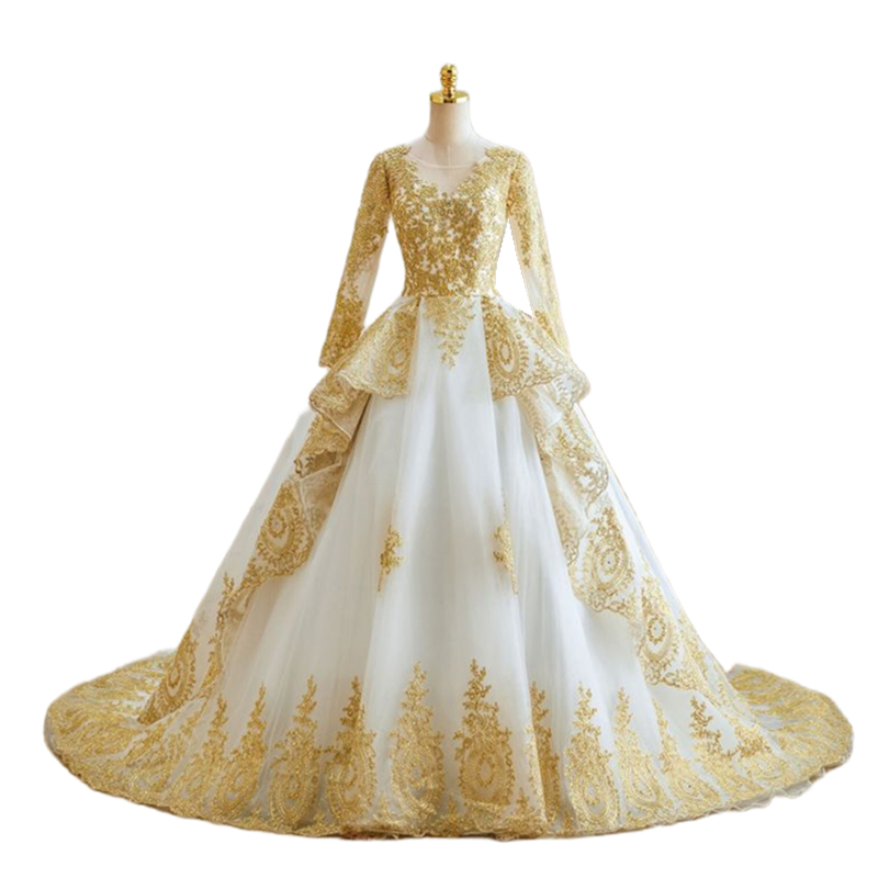 White And Gold A-Line Wedding Dresses Lace Appliques Long Sleeves Princess Bridal Gowns 2024 Arabic Dubai Formal Event Anniversaries Dress Chapel Trai