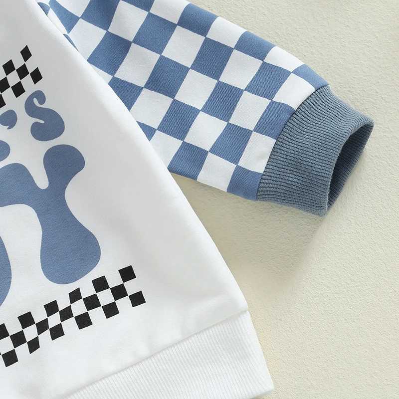 Clothing Sets 2024-05-30 Lioraitiin Boys Autumn 2PCS Outfit Sets Long Sleeve O Neck Letter Checkerboard Print Tops Drstring Pants Sets