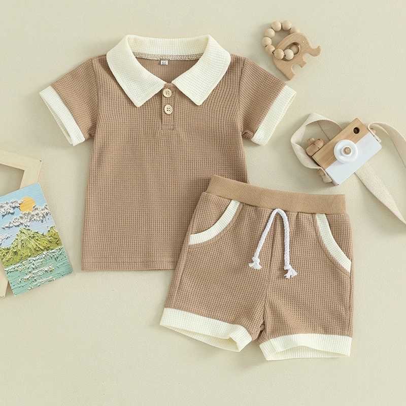 Clothing Sets Toddler Boys Summer Outfits Contrast Color Buttons Short Sleeve T-Shirts Waffle Tops Elastic Waist Shorts 2Pcs Clothes Set WRPM