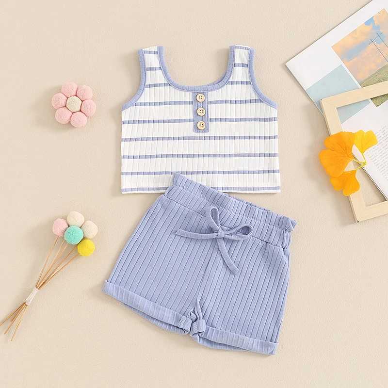 Clothing Sets 2024-04-01 Lioraitiin Toddler Baby Girl Summer Ribbed Set Striped Round Neck Sleeveless Tank Tops Elastic Waist Shorts Outfits