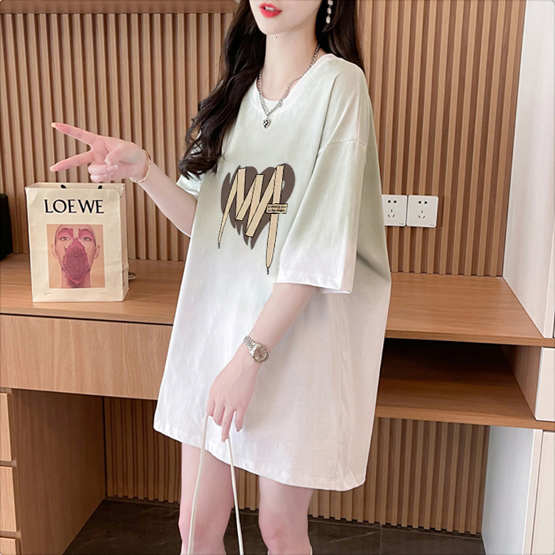 First release of pure cotton 2024 short sleeved for women's summer loose mid to long style gradient Korean version T-shirt